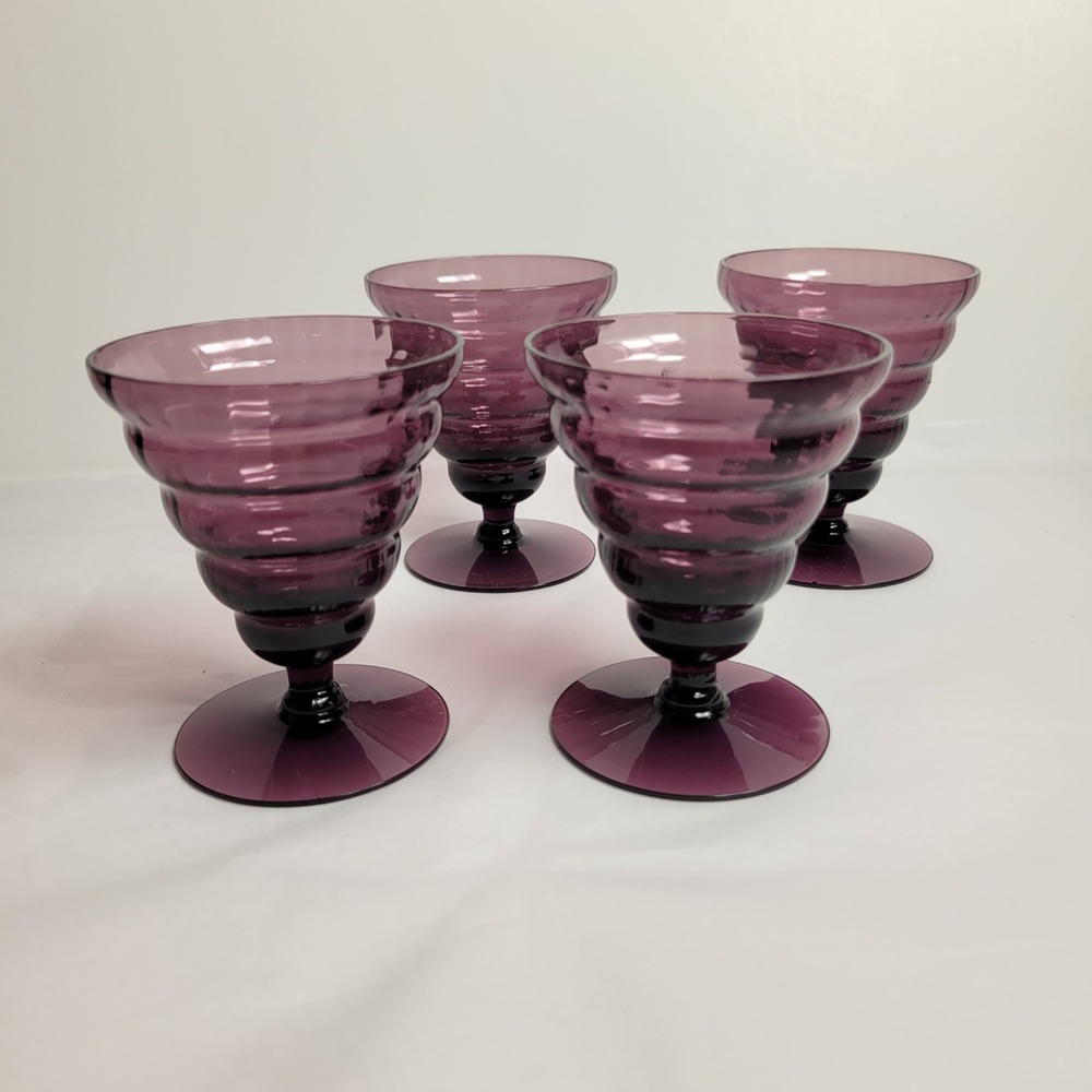 VTG Utility Glass Cambodia Ware Amethyst 4 Oyster Cocktail Glasses Art Deco 1920